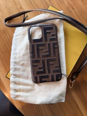Fendi Brown Embossed FF Logo Leather iPhone Case